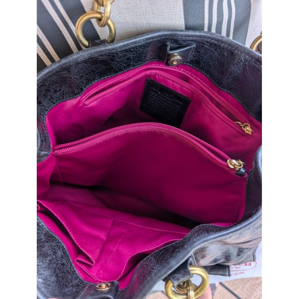 Coach Poppy Black Distressed Leather Chain Strap Tote Shoulder Bag Pink Lining - Picture 9 of 12